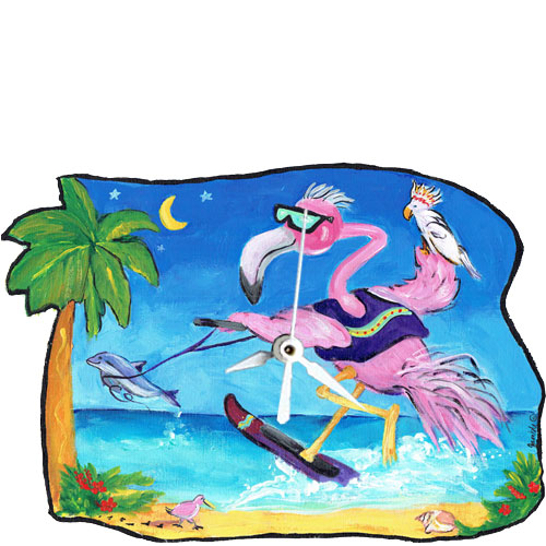 Whimsical Skiing Flamingo with Dolphin Paper Clock