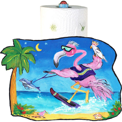 Whimsical Skiing Flamingo with Dolphin Paper Towel Holder
